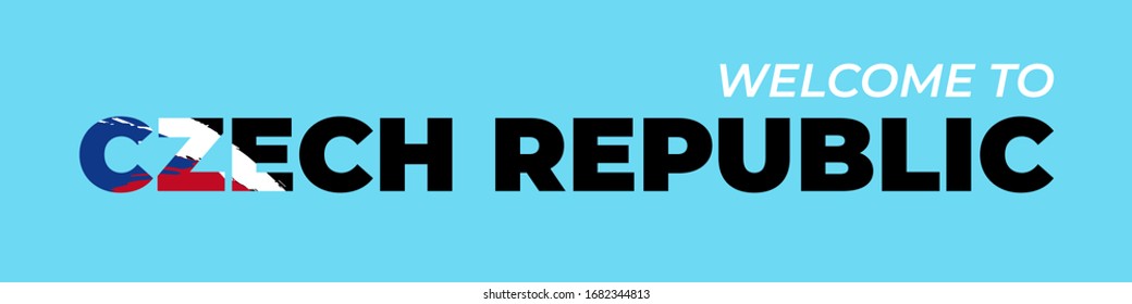Abstract travel concept for logo, icon, poster, banner, design flag or t-shirt print. Welcome to  CZECH REPUBLIC font with national CZECH flag stroke on blue background. Vector illustration