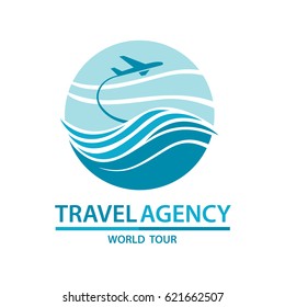 Abstract travel logo with aircraft and ocean. Vector illustration