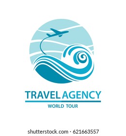 Abstract travel logo with aircraft and ocean. Vector illustration