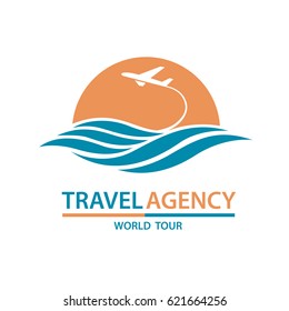 Abstract travel logo with aircraft and ocean. Vector illustration