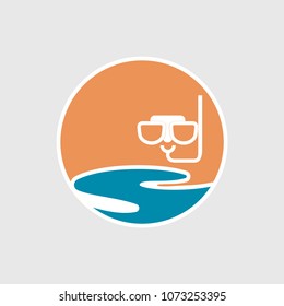 Abstract travel logo with diving mask and sun. Vector image.