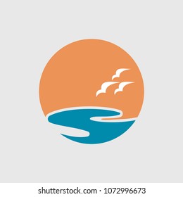 Abstract travel logo with ocean logo with waves and seagulls. Cruise, tour, delivery concept,  Vector illustration