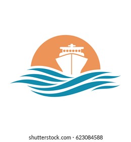 Abstract travel logo with ship and ocean.  Ship icon. Cruise, tour, delivery concept, Marine boat. Transportation sign. Vector image.