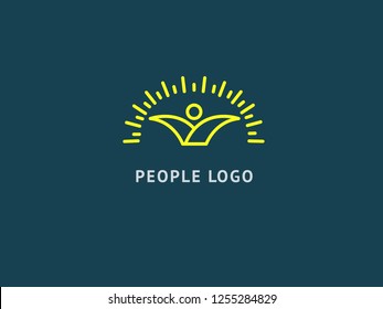 Abstract travel logo vector design. Beach party, Kindergarten, nursery school, business, children camp, rest on the beach logotype. Happy people and sun logo.
