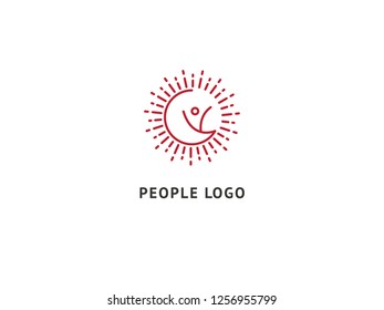 Abstract travel logo vector design. Beach party, Kindergarten, nursery school, business, children camp, rest on the beach logotype. Happy people and sun logo.