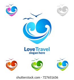 Abstract Travel and Tourism Logo with Love, Sea,and Beach shape in stylish Colors of Hotel and vacation 
 Isolated on white background vector illustration