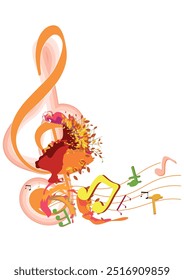 Abstract treble clef decorated with autumn: leaves, notes, birds. Hand drawn musical vector illustration.
