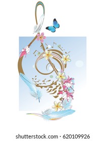 Abstract treble clef decorated with feathers, flowers and a butterfly.