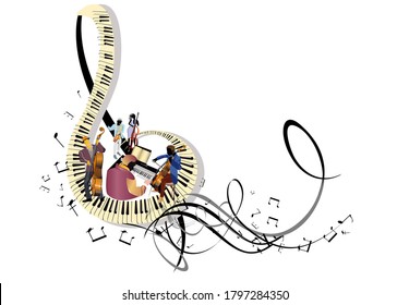  Abstract treble clef decorated with musicians and piano wave, decorated with musical notes. Hand drawn vector illustration.