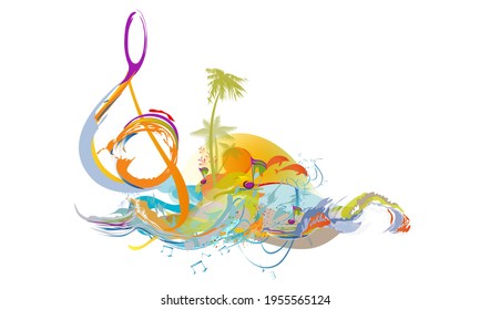  Resumen de un trípode decorado con músicos y una ola de piano, decorado con notas musicales. Ilustración vectorial dibujada a mano.