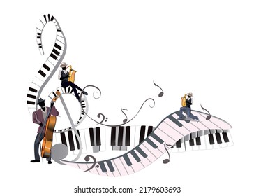  Abstract treble clef decorated with musicians and piano wave, decorated with musical notes. Hand drawn vector illustration.