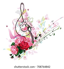 Abstract treble clef decorated with rose flowers and splashes. Hand drawn vector illustration.
 