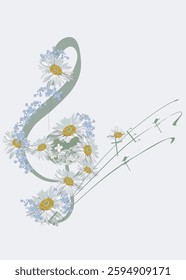 Abstract treble clef decorated with spring and summer flowers, daisies, notes. Hand drawn vector musical illustration.