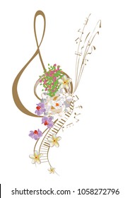 Abstract treble clef decorated with summer and spring flowers, notes. Hand drawn vector illustration.