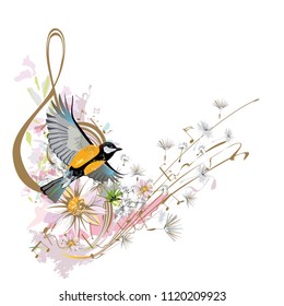 Abstract treble clef decorated with summer and spring flowers, birds and notes. Hand drawn vector illustration.