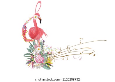 Abstract treble clef decorated with summer and spring flowers, birds and notes. Hand drawn vector illustration.