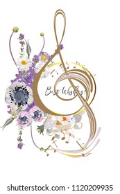 Clef abstracto de temblor decorado con flores de verano y primavera, pájaros y notas. Ilustración vectorial dibujada a mano.