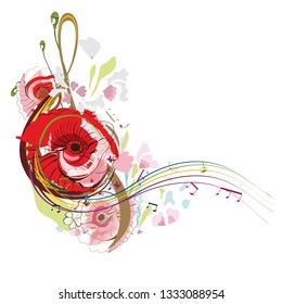 Abstract treble clef decorated with summer and spring flowers, notes. Hand drawn vector illustration.