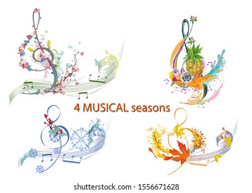 Abstract treble clef decorated with summer, autumn, winter and spring decorations: flowers, leaves, notes, birds. Hand drawn musical vector illustration.