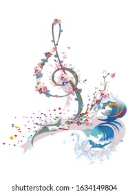 Abstract treble clef decorated with summer and spring flowers, palm leaves, notes, birds. Hand drawn musical vector illustration.