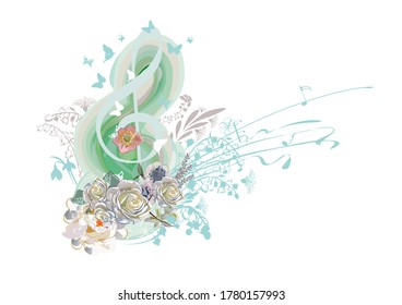 Resumen de colores tribles decorados con decoración de verano, otoño, invierno y primavera: flores, hojas, notas, pájaros. Ilustración vectorial musical dibujada a mano.