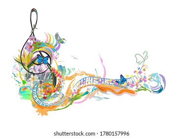 Abstract treble clef decorated with summer, autumn, winter and spring decorations: flowers, leaves, notes, birds. Hand drawn musical vector illustration.