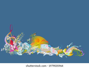 Abstract treble clef decorated with summer and spring flowers, palm leaves, notes, birds. Hand drawn musical vector illustration.