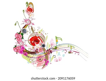Resumen de aroma de trípode decorado con flores de verano y primavera, hojas de palma, notas, pájaros. Ilustración vectorial musical dibujada a mano.