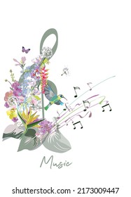 Abstract treble clef decorated with summer and spring flowers, palm leaves, notes, birds. Hand drawn musical vector illustration.