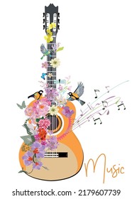 Abstract treble clef decorated with summer and spring flowers, palm leaves, notes, birds. Hand drawn musical vector illustration for t shirts, covers,  wallpaper, greeting cards, wall-art, invitations
