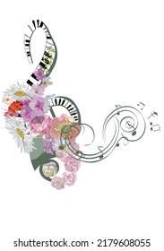 Resumen de aroma de trípode decorado con flores de verano y primavera, hojas de palma, notas, pájaros. Ilustración vectorial musical dibujada a mano para camisetas, cubiertas, papel pintado, tarjetas de felicitación, arte mural, invitaciones