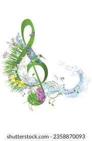 Abstract treble clef decorated with summer flowers, notes, birds. Hand drawn musical vector illustration for t shirts, covers,  wallpaper, greeting cards, wall-art, invitations