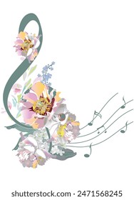 Abstract treble clef decorated with summer and spring flowers, palm leaves, notes, birds. Hand drawn musical vector illustration for t shirts, covers,  wallpaper, greeting cards, wall-art, invitations