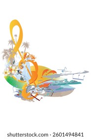 Abstract treble clef decorated with summer and spring flowers, palm leaves, notes, birds, ocean waves. Hand drawn musical vector illustration.