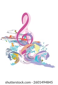 Abstract treble clef decorated with summer and spring flowers, palm leaves, notes, birds, ocean waves. Hand drawn musical vector illustration.