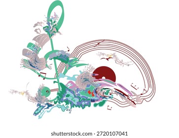Abstract treble clef decorated with Sun, notes, birds, ocean waves. Hand drawn musical vector illustration