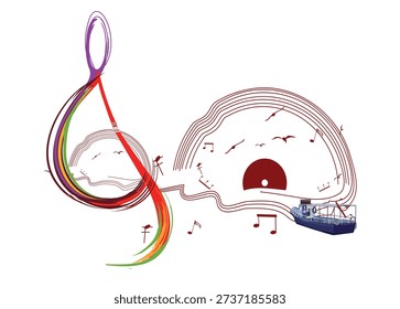 Abstract treble clef decorated with Sun, notes, birds, ocean waves. Hand drawn musical vector illustration