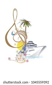 Abstract treble clef decorated with tropical leaves and flowers. Musical background.