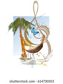 Abstract treble clef decorated with tropical leaves and flowers.