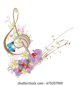 Abstract treble clef decorated with tropical leaves and flowers.
