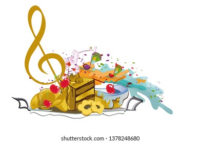 Abstract treble clef with decorations from sweets and fruits. Musical background. 