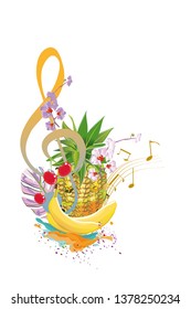 Abstract treble clef with decorations from sweets and fruits. Musical background. 