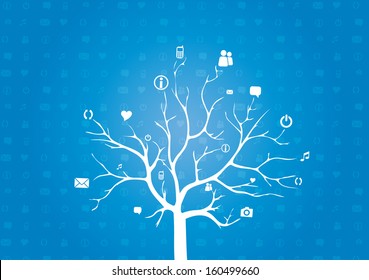 Abstract Tree Background with Circles and Icons. Tree concept for Communication, Social Media, Network and Web Design - Vector Illustration