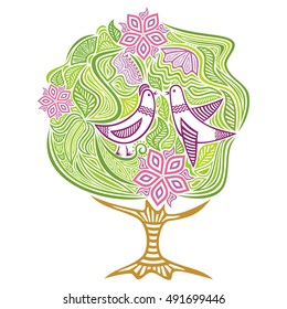Abstract tree with beautiful birds. Vector illustration.