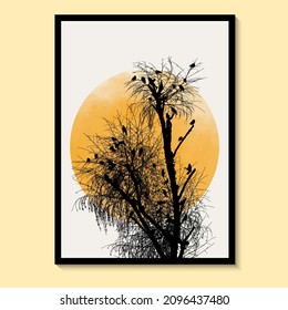 Abstract Tree And Bird Sun Yellow Art  Watercolor Wall Painting Posters And Prints Nordic Murals Vector Art Print.