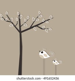 Abstract tree and birds card. Vector