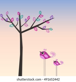 Abstract tree and birds card. Vector
