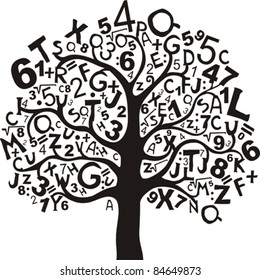 Abstract tree with black letters and numbers isolated on White background. Vector illustration