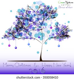 Abstract tree in blue snowflakes as foliage and with christmas balls at winter. Card for greetings with New Year and Christmas. Christmas card. Christmas backgroung. Vector illustration