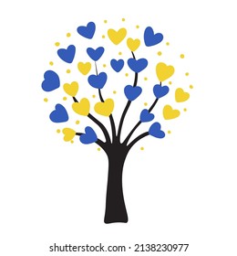 Abstract tree with blue and yellow hearts.